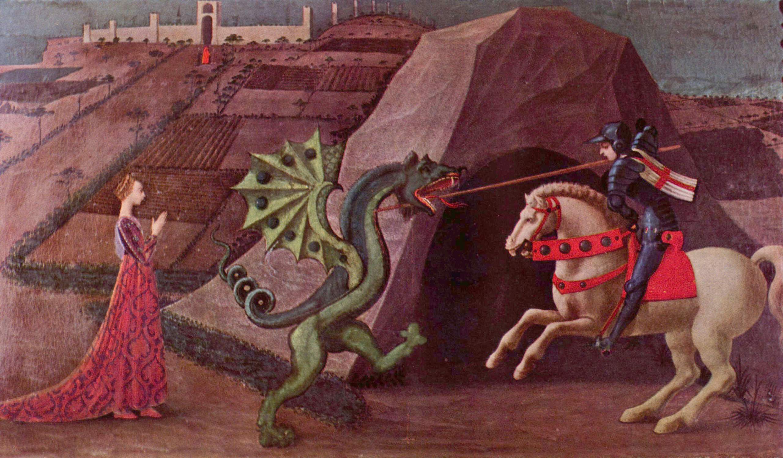 Dragon fighting man on horse